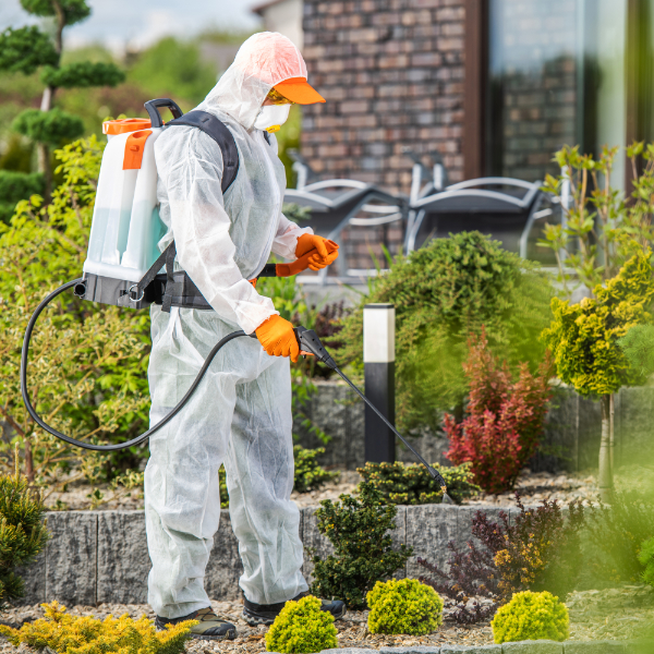 Garden in Protection Suit Spraying Garden Plants with Active Chemicals. Insecticide and Fungicide Job.